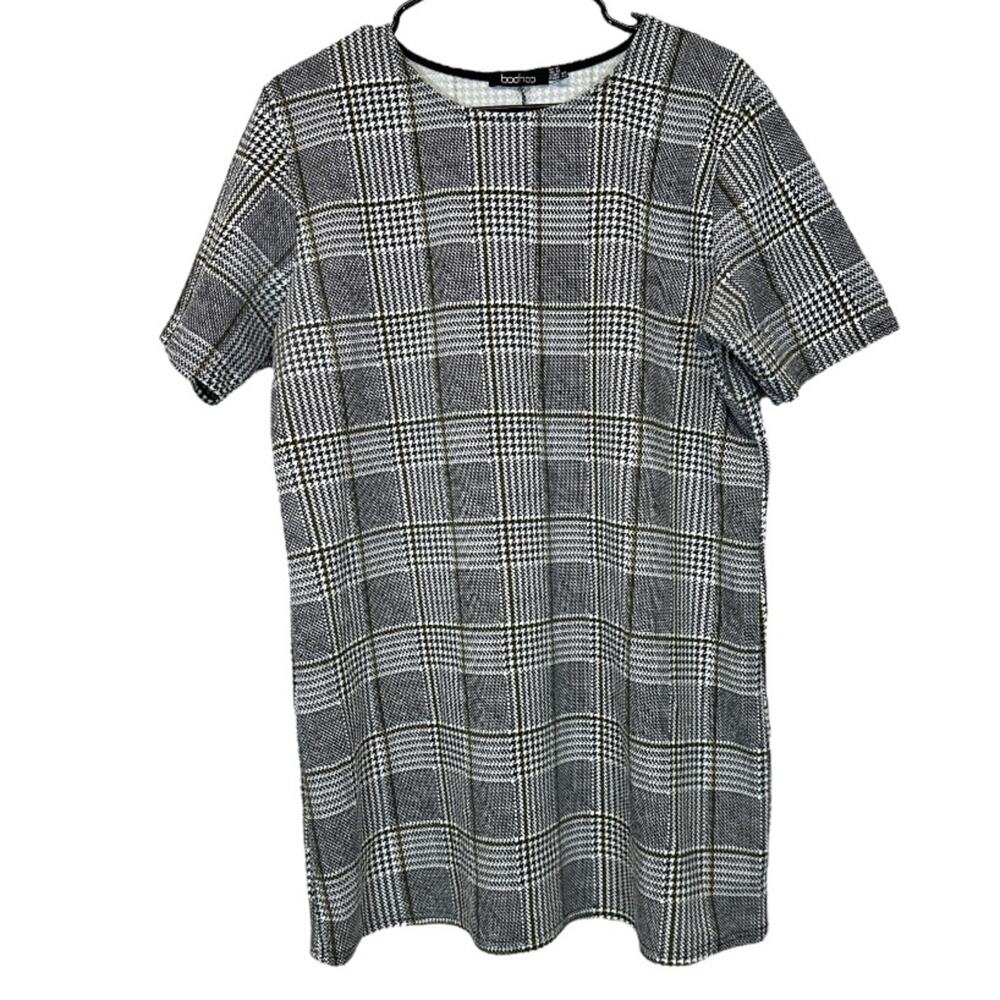 Boohoo Black & White Striped Plaid Houndstooth Short Sleeve Tunic Top Size 12